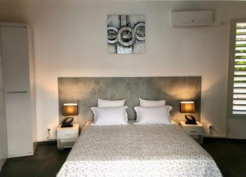 1 dormitorio con 1 cama grande y 2 mesitas de noche en Villa le Moulin - Didier BERVILLE, en Le Gosier