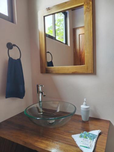 a bathroom sink with a glass bowl on a wooden counter at Habitación a 26 kilómetros de Jaco, Tulin Azul in Jacó