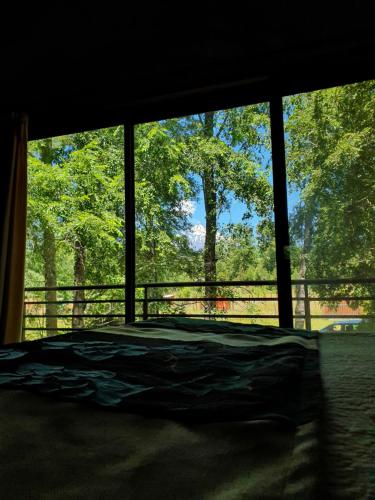 a bedroom with a large window looking out at trees at Cabañas Alto Bosque in Pucón