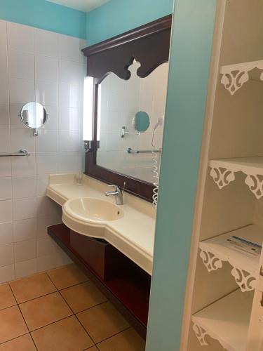 a bathroom with a sink and a mirror at Studio RDC La Désirade Martinique accès direct plage in Sainte-Luce
