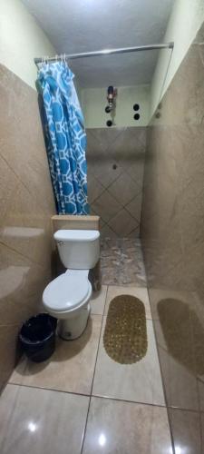 a bathroom with a toilet and a blue shower curtain at Hotel Tinamit in San Pedro La Laguna