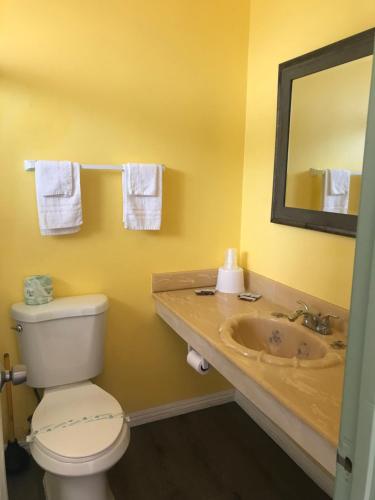 bagno con lavandino, servizi igienici e specchio di 777 Motor Inn a Huntington Beach