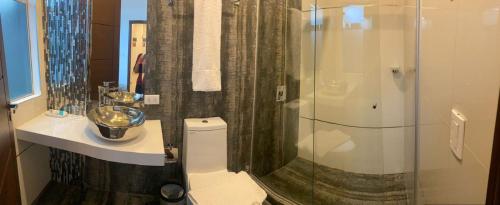 y baño con ducha, aseo y lavamanos. en HOTEL INNOVA en Tarija