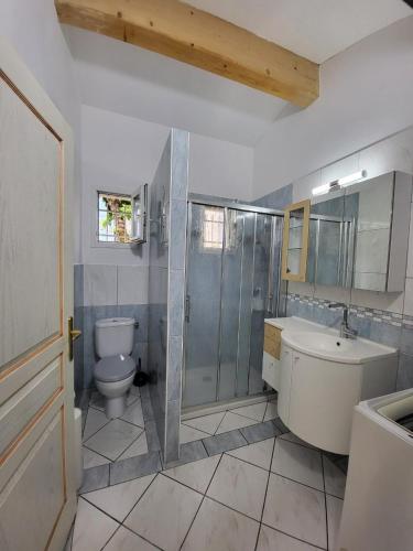 une salle de bain avec toilettes, lavabo et douche dans l'établissement Nid douillet - LES FARGETTES - superbe vue - charmante petite maison avec jardin - 2 pièces à Privas, à Privas