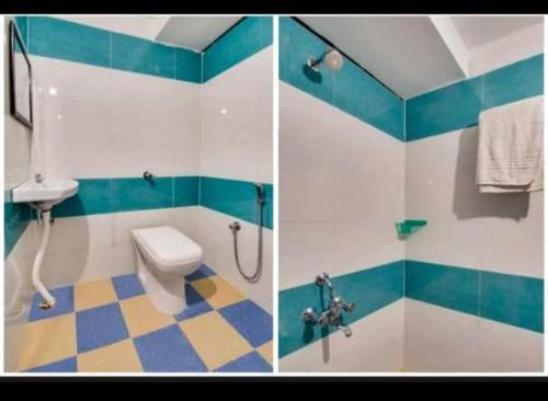 two pictures of a bathroom with a toilet and a shower at Hotel Sri Grand 