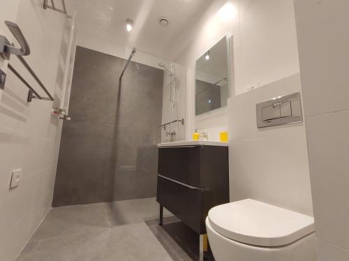a bathroom with a shower and a toilet and a sink at Sky City Panoramic in Iaşi