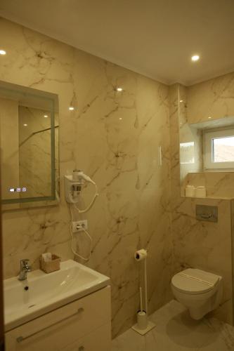 a bathroom with a sink and a toilet and a mirror at Sub Cetate in Râşnov