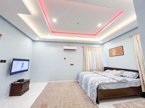 een slaapkamer met een bed en een televisie aan het plafond bij Mariaddo homes in Accra