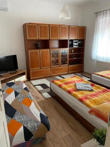 een woonkamer met 2 bedden en een televisie bij Patak pihenő in Mende