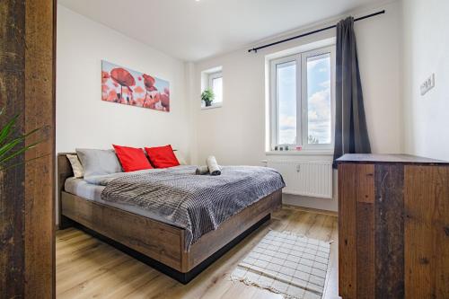 1 dormitorio con cama y ventana en Luxury Apartments STUD - VB, en Ostrava
