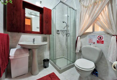 a bathroom with a shower and a toilet and a sink at BEACHFRONT with Seaviews Apartment No56 Award Winner Unbeatable Location for Closeness to the Sea Ideal for Guests looking for Winter Spring and Autumn Breaks in Sunny Malta Also Ideal for Coastal Hikers in Mellieħa