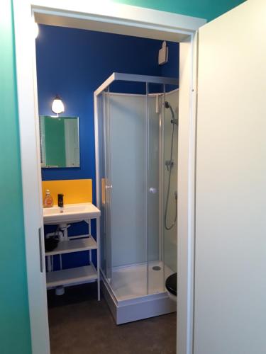 a bathroom with a shower and a sink at Die kleine Wohnung in Droyßig
