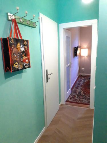 a hallway with a green wall and a door with a picture at Die kleine Wohnung in Droyßig