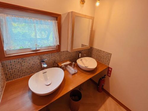 W łazience znajduje się umywalka i lustro. w obiekcie スイートヴィラ 四季terrace箱根仙石原 w mieście Sengokuhara
