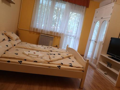 a bedroom with a bed and a tv and windows at Natasa Apartman in Orosháza