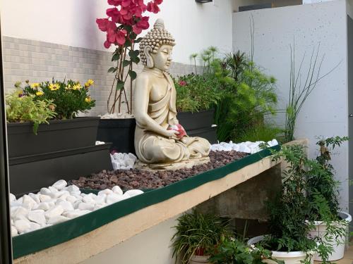 a statue of a buddha sitting in a garden at Calatabarca B&B in Tabarca