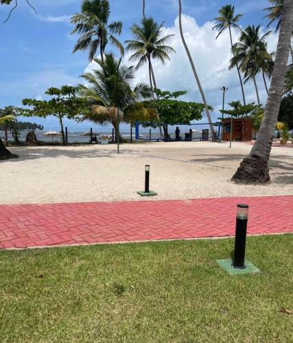 a red carpet on the beach with palm trees at Flat Club Meridional Carneiros in Tamandaré