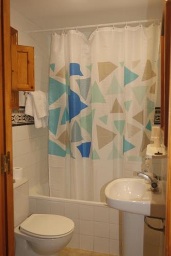 y baño con cortina de ducha, aseo y lavamanos. en HOSTAL MONCADA, en Gaucín