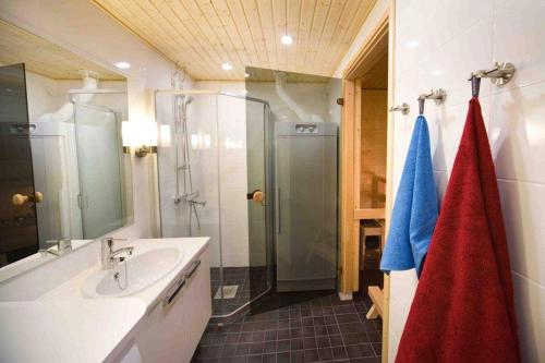 y baño con lavabo y ducha. en Levi Chalets, en Kittilä