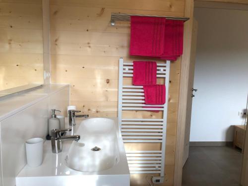 a bathroom with a white sink and red towels at Blockhaus Waldspiel in Ratten