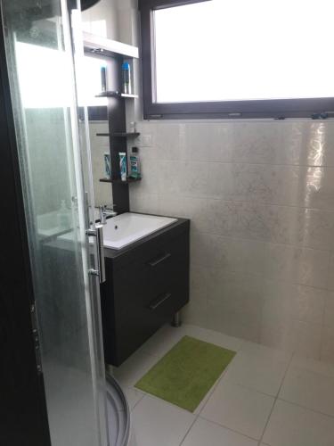 uma casa de banho com um chuveiro, um lavatório e uma porta de vidro em Paskal Themal Apartman, free parking inside the building em Budapeste