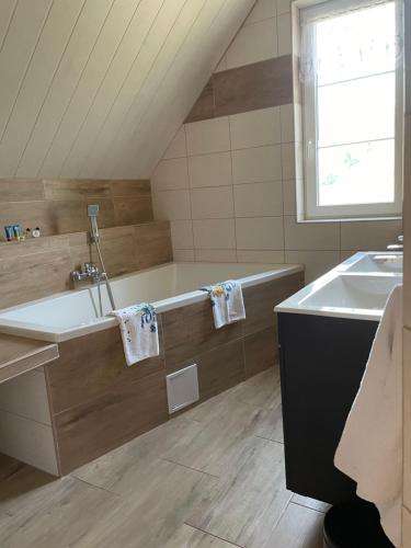 ein Badezimmer mit einer Badewanne und einem Waschbecken in der Unterkunft Veselka in Dolní Bousov