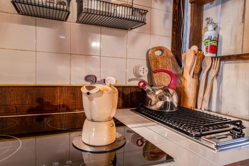 una licuadora sentada en un mostrador en una cocina en Baita delle Bambole - 400 metri dal LAGO, en Isola