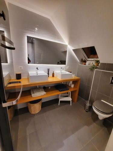 bagno con 2 lavandini e servizi igienici di la longère charmante a Céaux