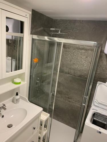La salle de bains est pourvue d'une douche et d'un lavabo. dans l'établissement Marisol Los Molinos Playa Ingles by luca properties gran canaria, à Playa del Ingles