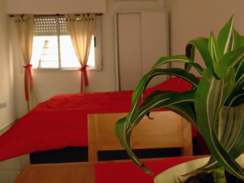a bedroom with a red bed and a potted plant at Aloha apart Pergamino in Pergamino