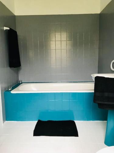 une baignoire bleue et blanche dans une salle de bain dans l'établissement Gîte AU BOOM COEUR forfait Spa, Dîner & Petit-déjeuner inclus, à Tourtenay