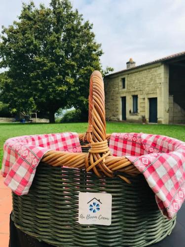 Una cesta de picnic con cuadros rojos y blancos. en Gîte AU BOOM COEUR forfait Spa, Dîner & Petit-déjeuner inclus, en Tourtenay