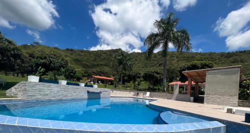 a swimming pool in a resort with a palm tree at Monteverde Holiday Apartments in Buga