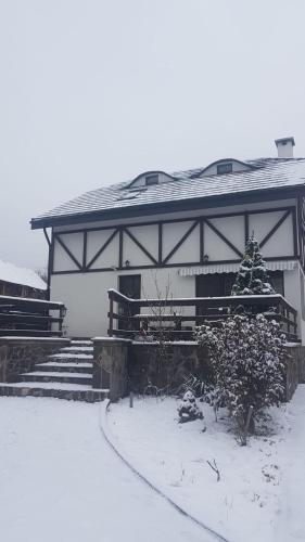 a building with a christmas tree in the snow at La Bunica in Cisnadioara