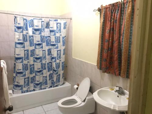 a bathroom with a toilet and a sink and a shower curtain at Tropical Court Hotel in Montego Bay