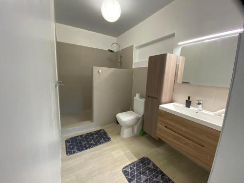 a bathroom with a toilet and a sink and a mirror at Bora Bora Fare Sophia in Bora Bora