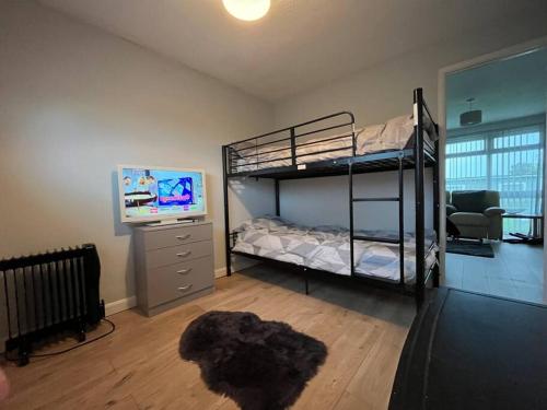 a bedroom with a bunk bed and a television at Chalet 59 Florida Holiday Park Hemsby in Hemsby