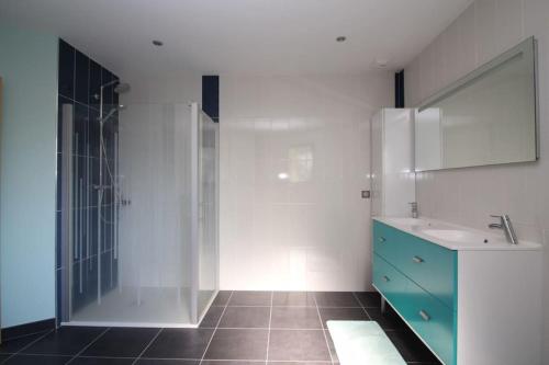 une salle de bain avec une douche, un lavabo et un miroir dans l'établissement Grande villa contemporaine proche randonnée et ski, à Vicdessos