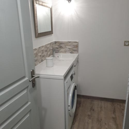 une salle de bain avec un lavabo et une machine à laver dans l'établissement Le p'tit Sancy 2, à La Bourboule
