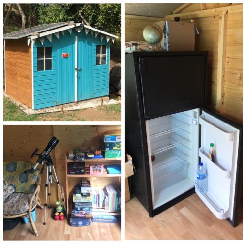 two pictures of a refrigerator and a house at Rosa the Cosy Cabin - Gypsy Wagon - Shepherds Hut, RIVER VIEWS Off-grid eco living in Pedrógão Grande