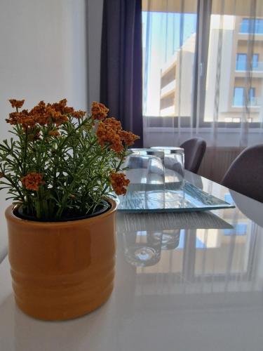 a vase with orange flowers sitting on a table at Vic Apartament in Drobeta-Turnu Severin