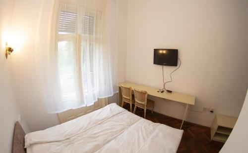a bedroom with a bed and a desk with a television at Apartments & Room - Korzo in Sombor