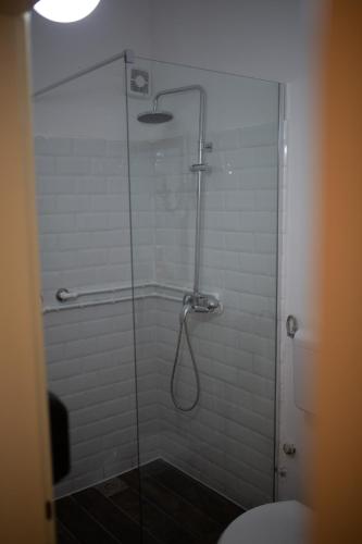 a bathroom with a glass shower with a toilet at Apartments & Room - Korzo in Sombor