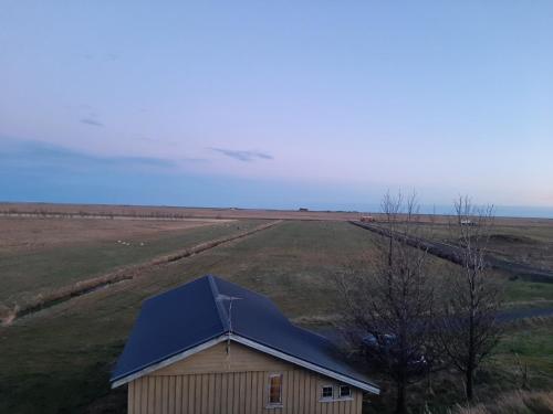 a barn with a blue roof in a field at Guesthouse Holmur in Hólmur