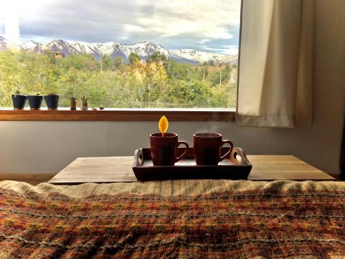 bandeja con dos tazas de café en una mesa frente a una ventana en Casa luminosa y confortable rodeada de naturaleza en San Carlos de Bariloche
