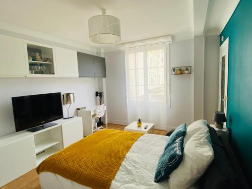 1 dormitorio con 1 cama y TV de pantalla plana en Splendide studio Cosy à Caen gare, en Caen