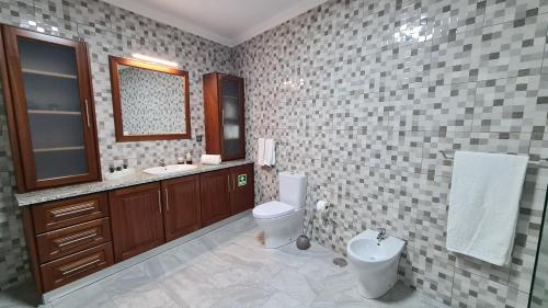 uma casa de banho com um WC, um lavatório e um espelho. em Santa Luzia Apt I em Ribeira Grande