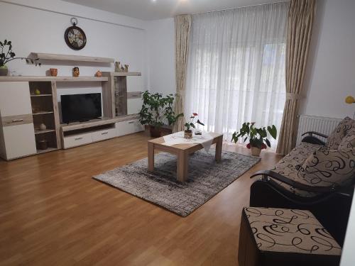a living room with a table and a tv at Cosy apartment I in Târgu-Mureş
