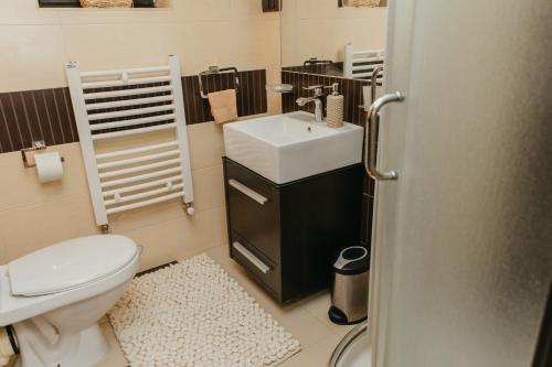 a small bathroom with a toilet and a sink at Forest House in Palić
