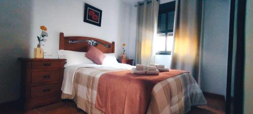 Un dormitorio con una cama y un tocador con toallas. en Alojamientos Puerta del Parque, en Cazorla